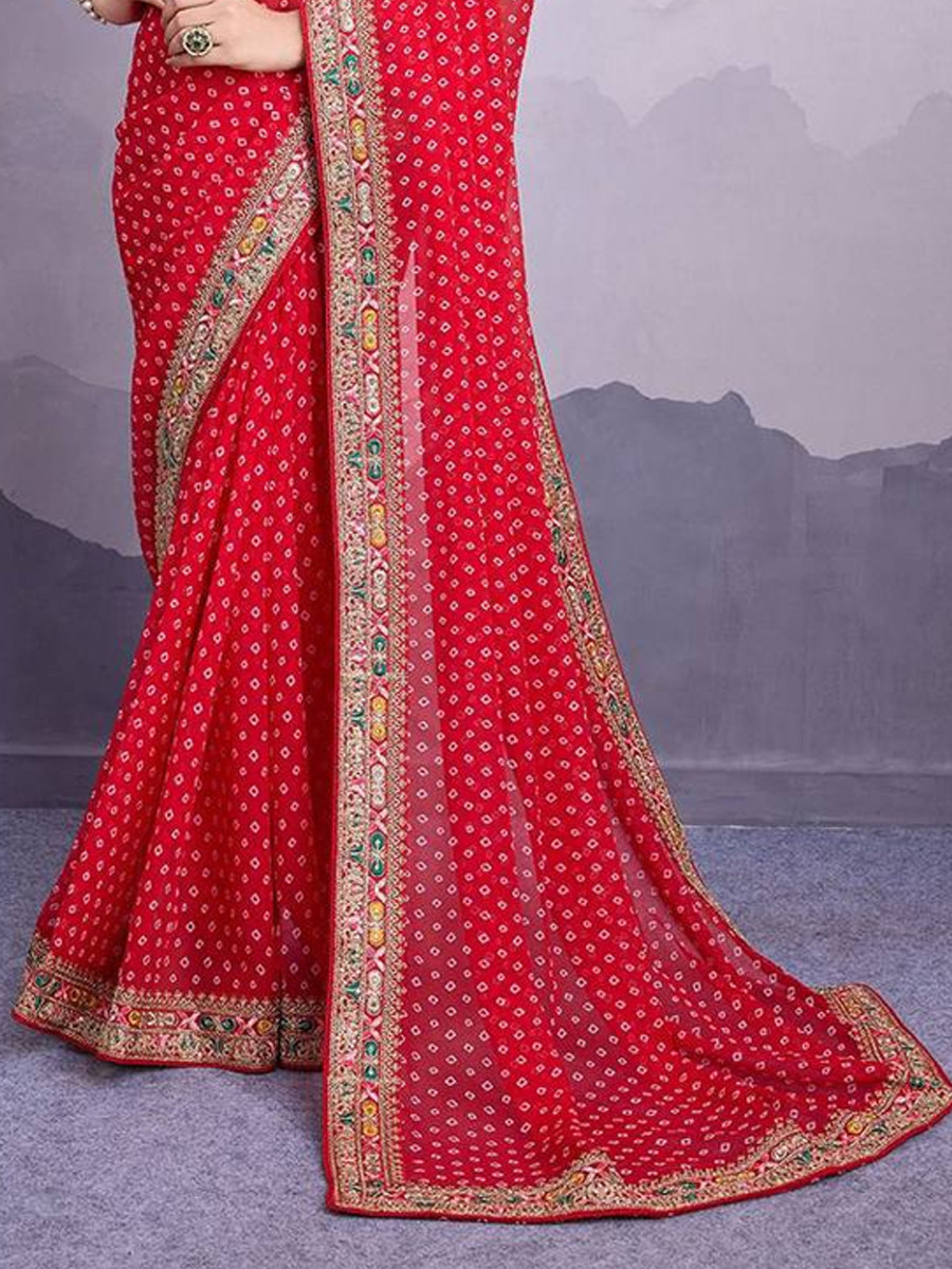 Red Georgette Handwoven Festival Party Heavy Border Saree