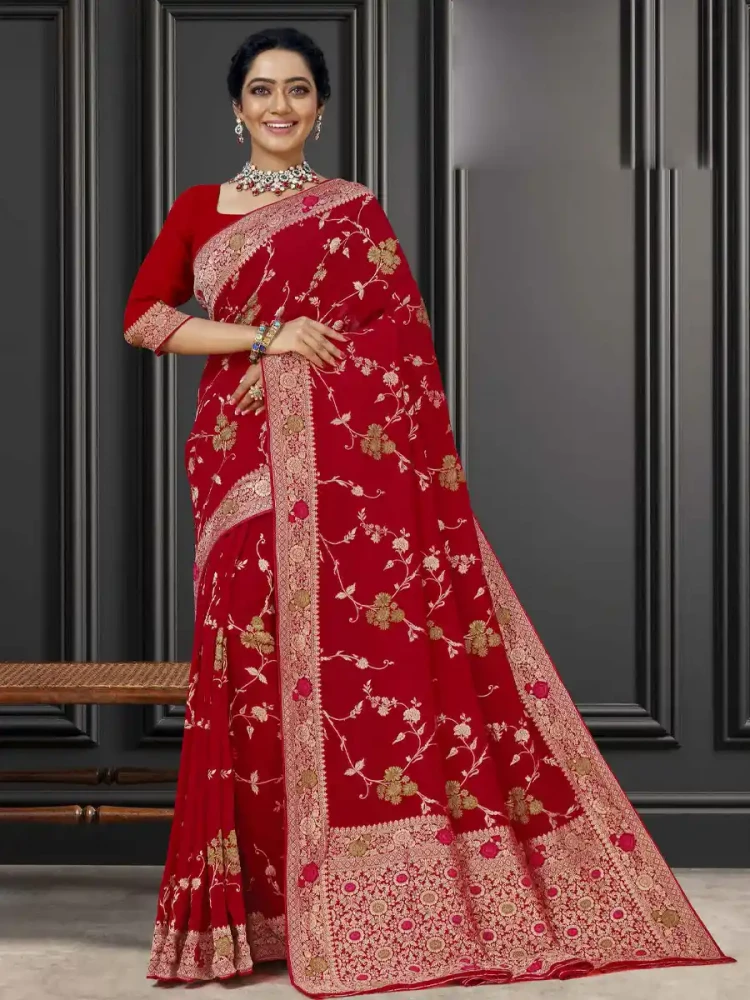 Red Georgette Handwoven Festival Wedding Heavy Border Saree