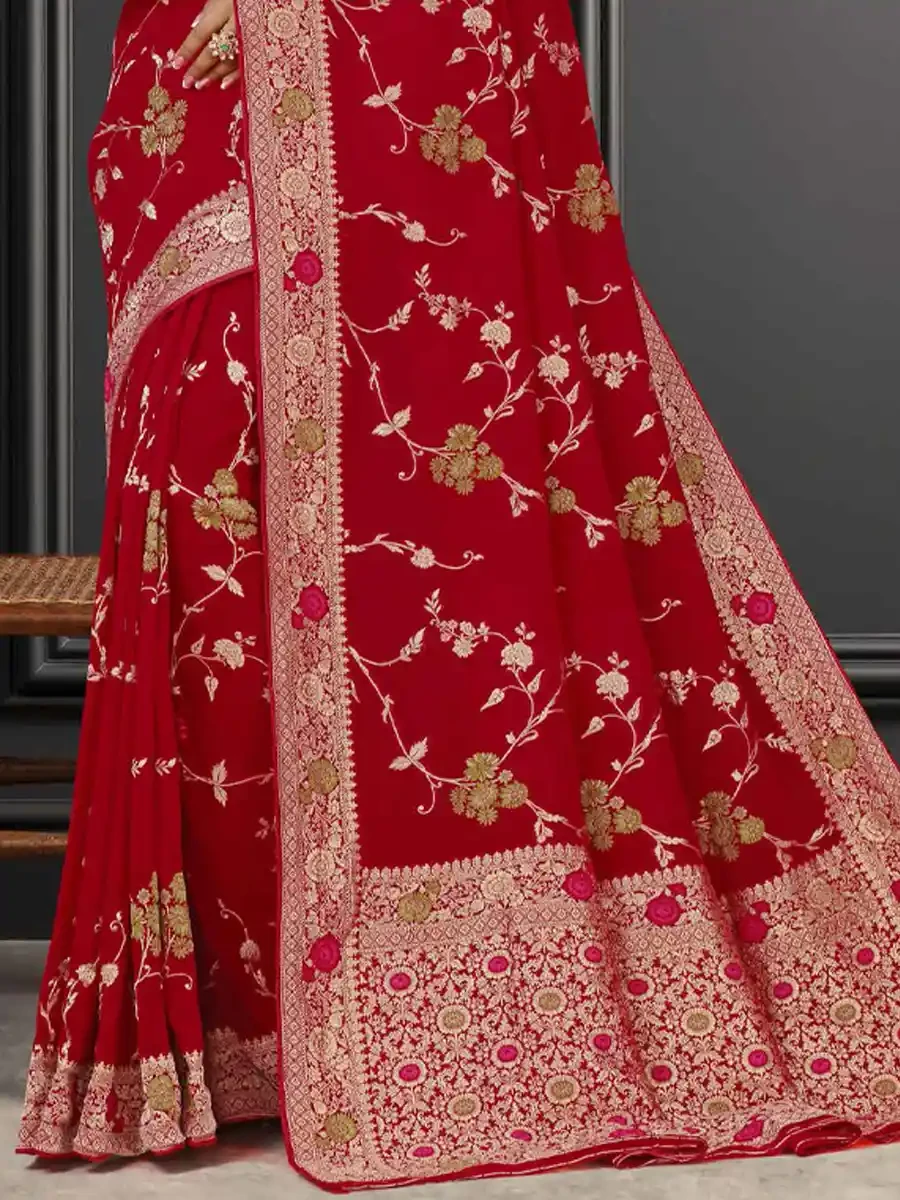 Red Georgette Handwoven Festival Wedding Heavy Border Saree