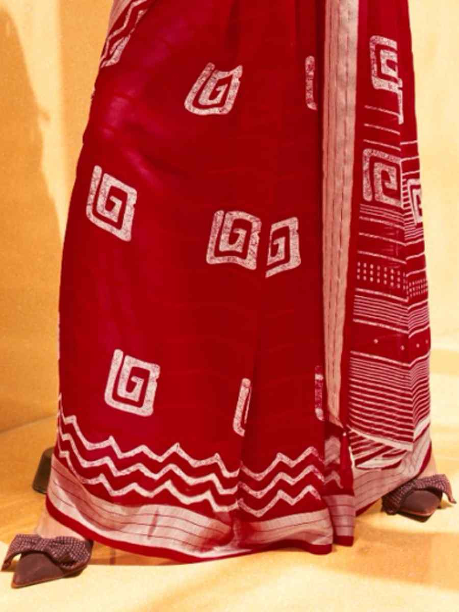 Red Georgette Printed Festival Party Contemporary Saree