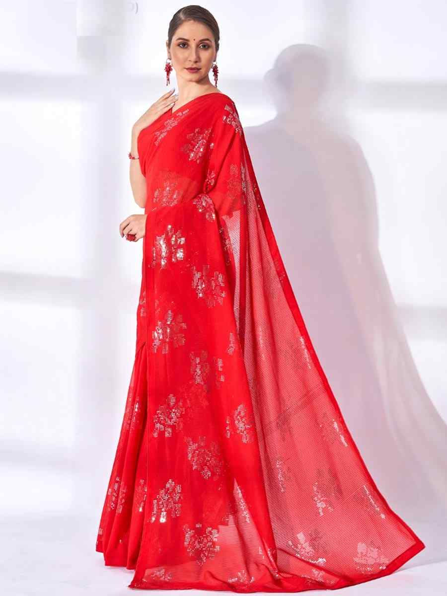 Red Georgette Sequins Party Festival Classic Style Saree