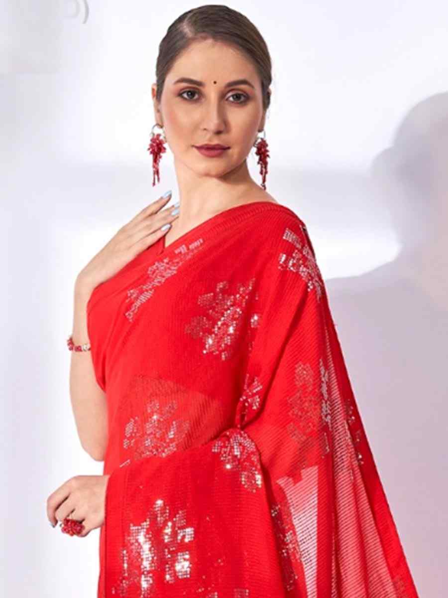 Red Georgette Sequins Party Festival Classic Style Saree