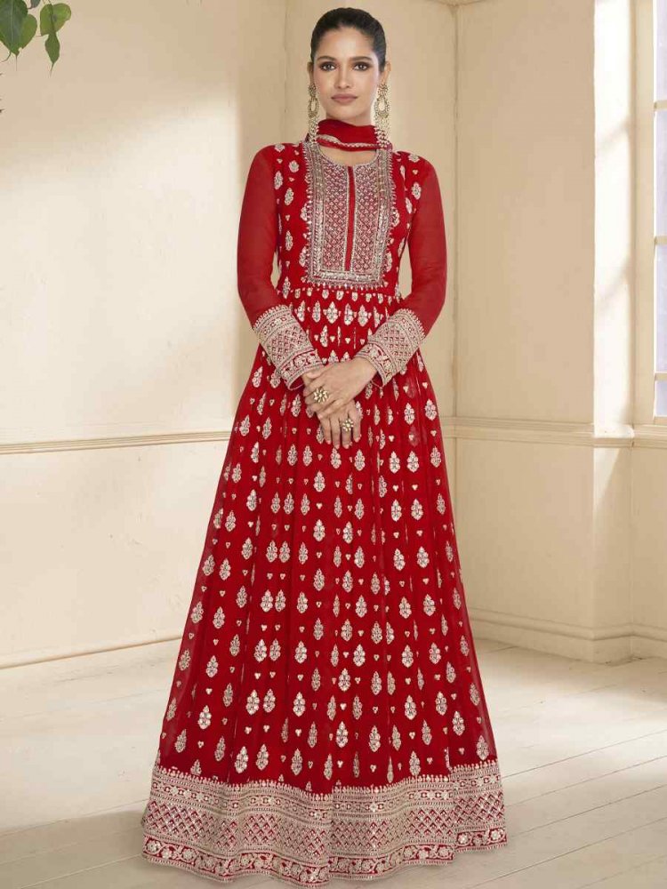 Red Heavy Blooming Georgette Embroidered Festival Mehendi Gown
