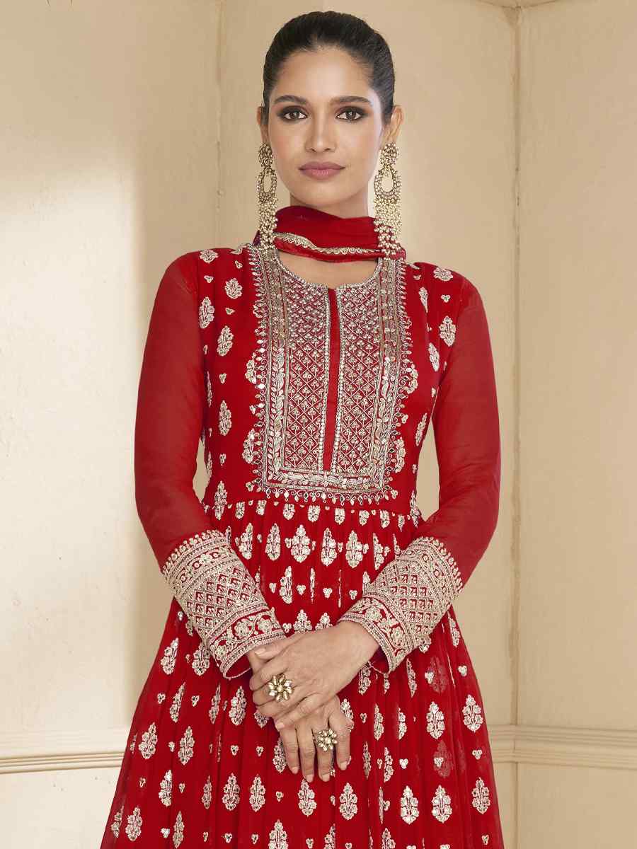 Red Heavy Blooming Georgette Embroidered Festival Mehendi Gown