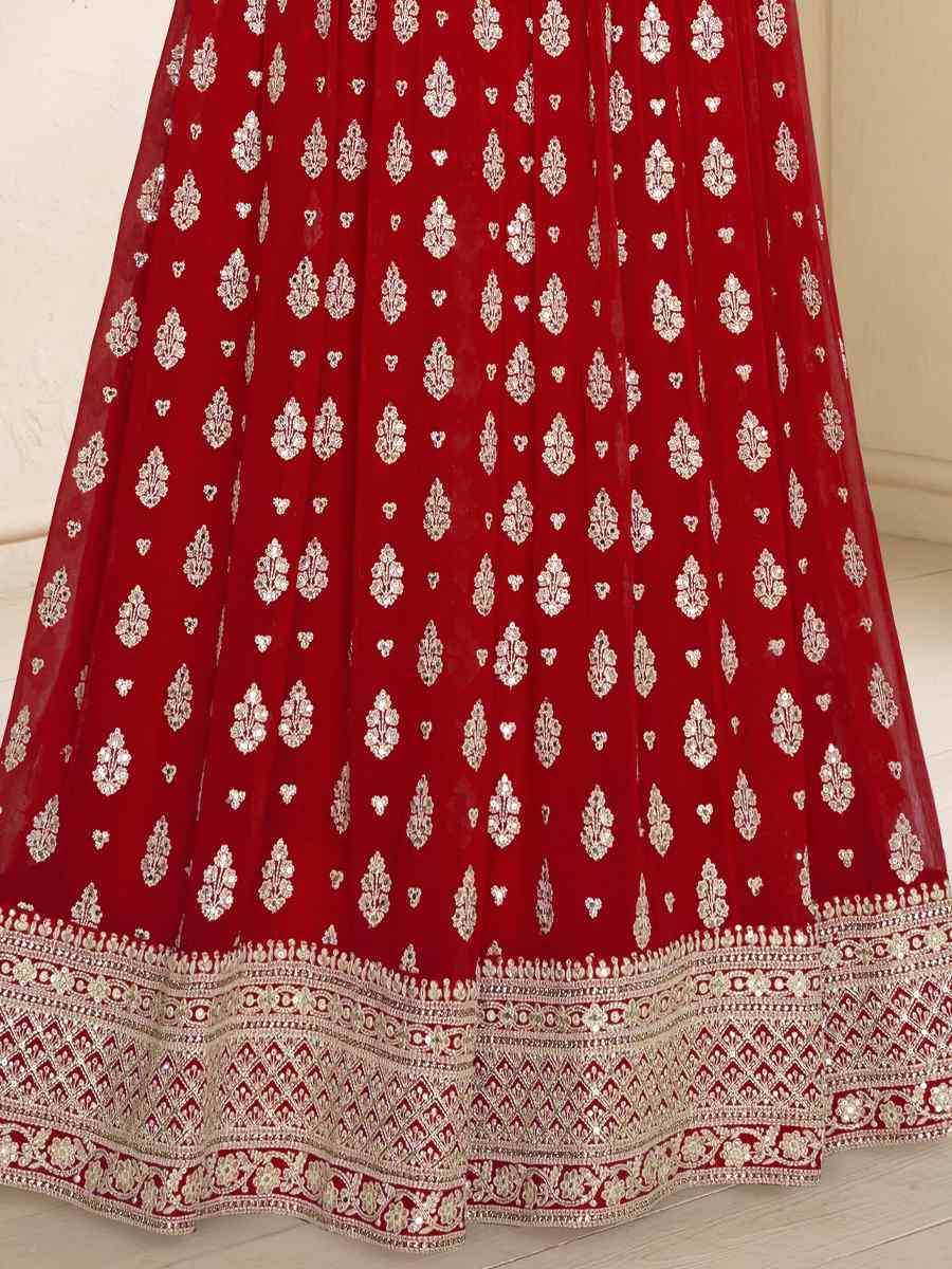 Red Heavy Blooming Georgette Embroidered Festival Mehendi Gown