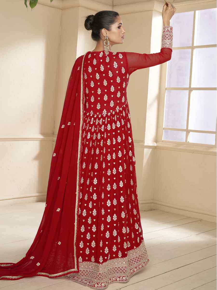 Red Heavy Blooming Georgette Embroidered Festival Mehendi Gown