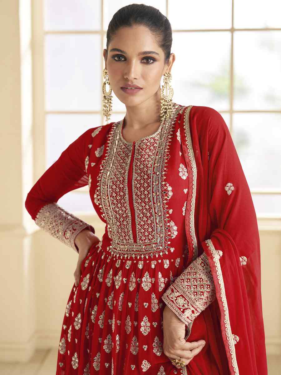 Red Heavy Blooming Georgette Embroidered Festival Mehendi Gown