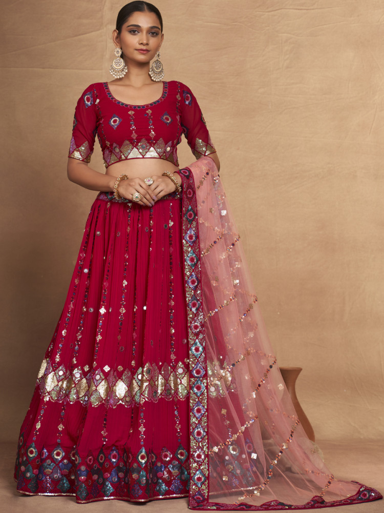 Red Heavy Georgette Embroidered Bridesmaid Wedding Circular Lehenga Choli