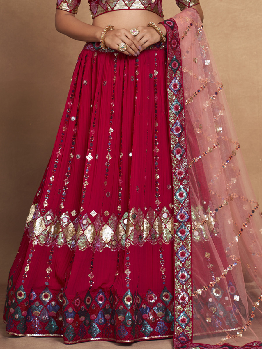 Red Heavy Georgette Embroidered Bridesmaid Wedding Circular Lehenga Choli