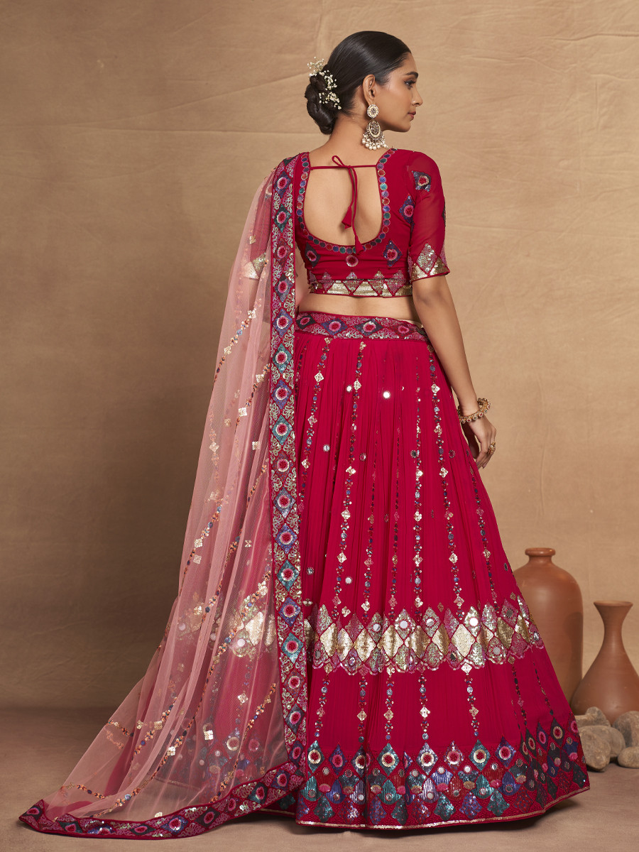 Red Heavy Georgette Embroidered Bridesmaid Wedding Circular Lehenga Choli