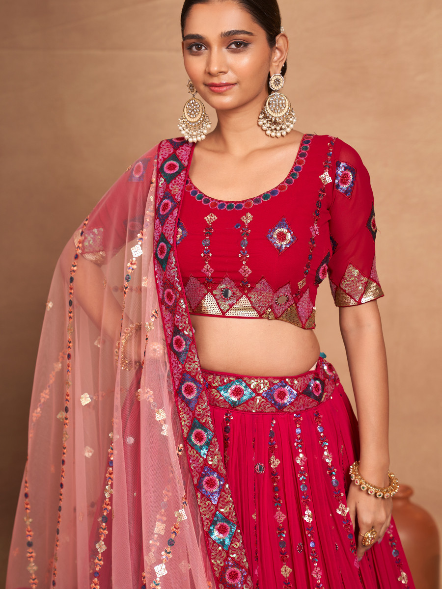 Red Heavy Georgette Embroidered Bridesmaid Wedding Circular Lehenga Choli