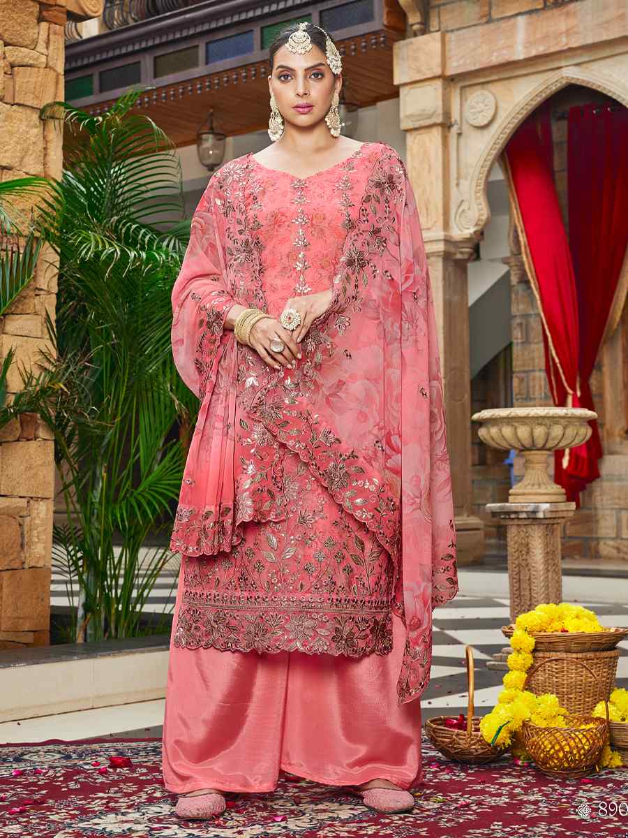 Red Heavy Georgette Embroidered Festival Wedding Palazzo Pant Salwar Kameez