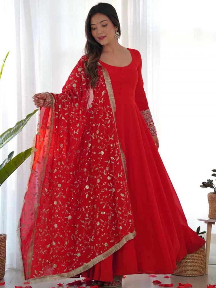 Red Heavy Pure Soft Faux Georgette Embroidered Festival Mehendi Ready Anarkali Salwar Kameez