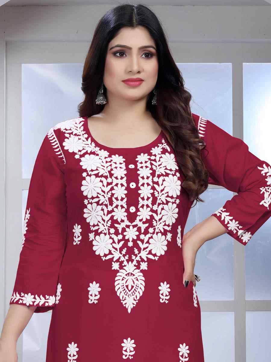 Red Heavy Rayon Embroidered Festival Casual Pant Salwar Kameez