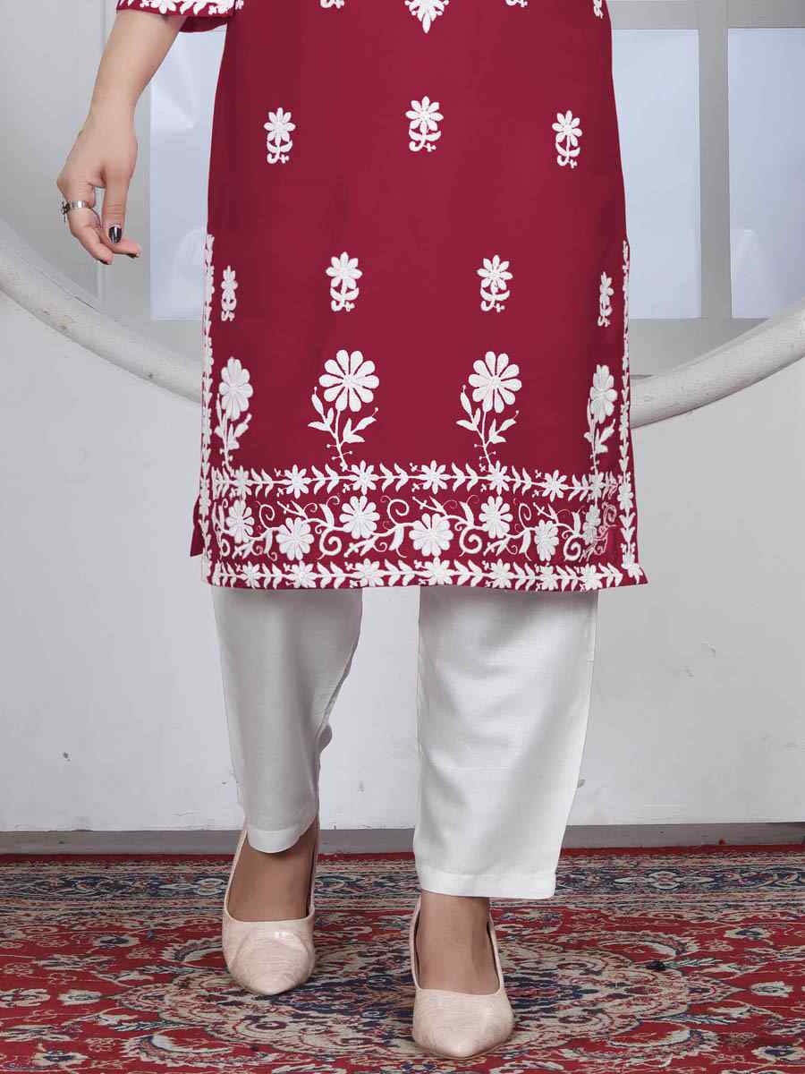 Red Heavy Rayon Embroidered Festival Casual Pant Salwar Kameez