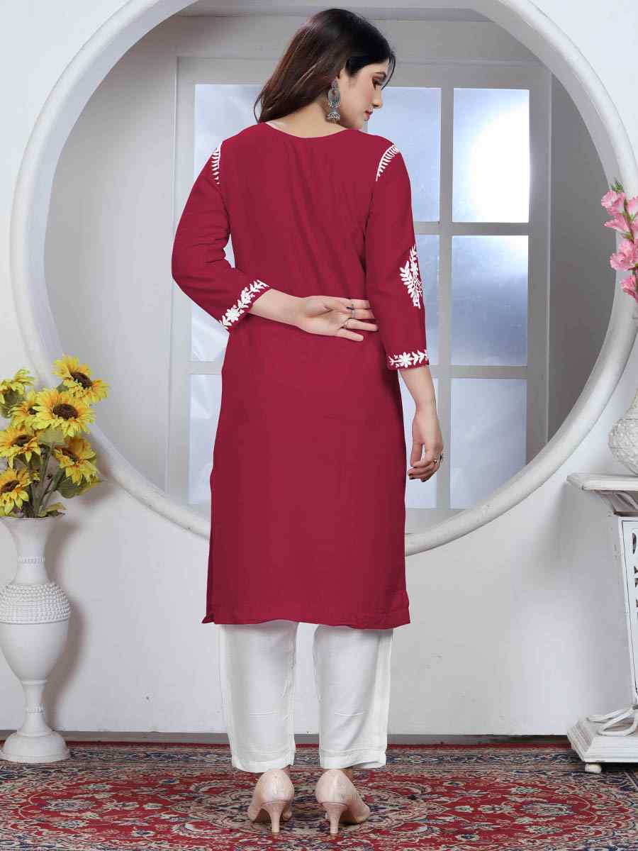 Red Heavy Rayon Embroidered Festival Casual Pant Salwar Kameez