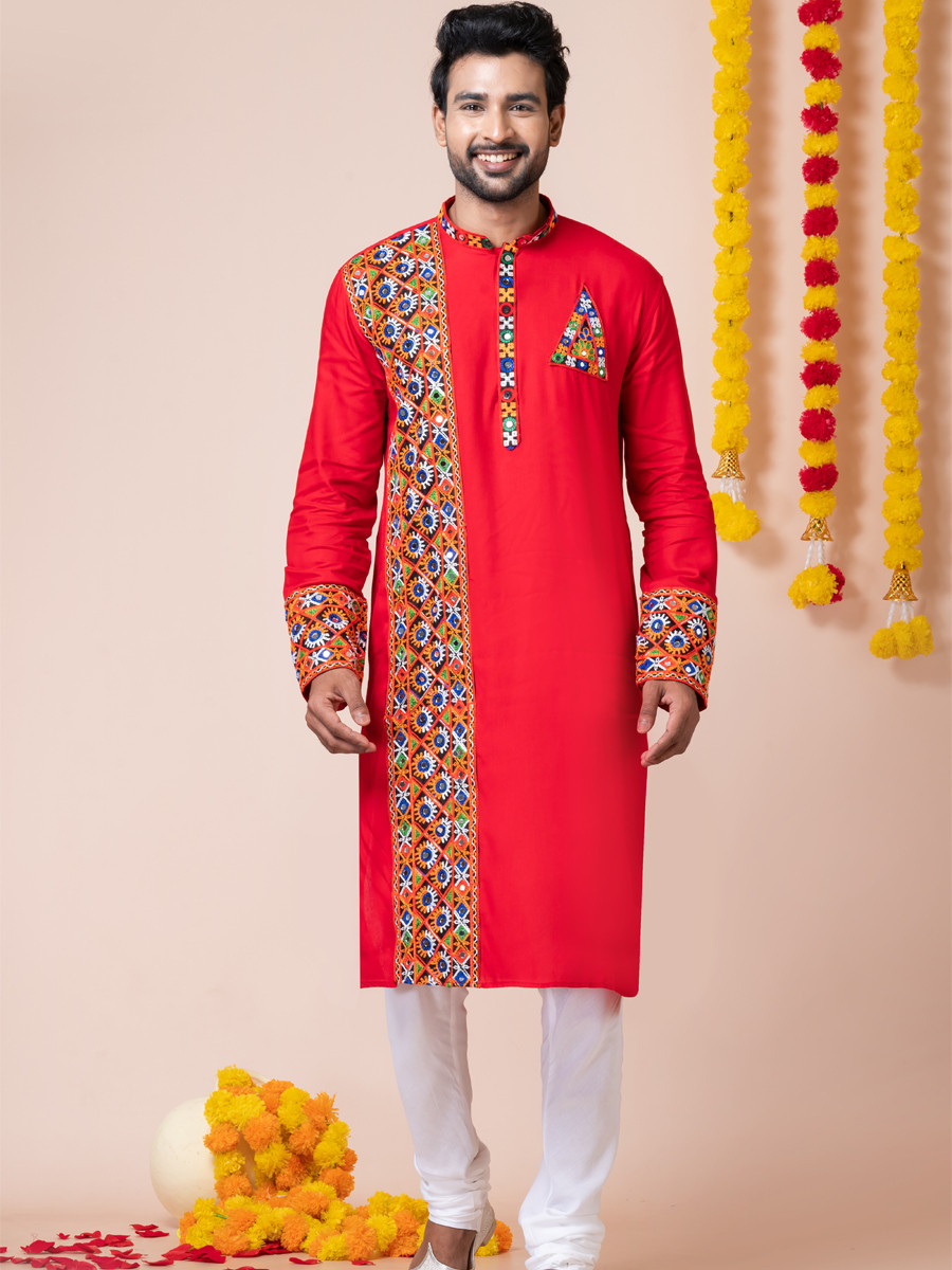 Red Heavy Rayon Embroidered Festival Wedding Kurta