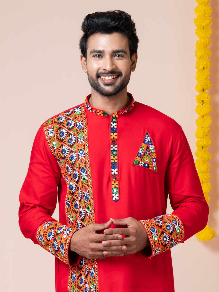 Red Heavy Rayon Embroidered Festival Wedding Kurta