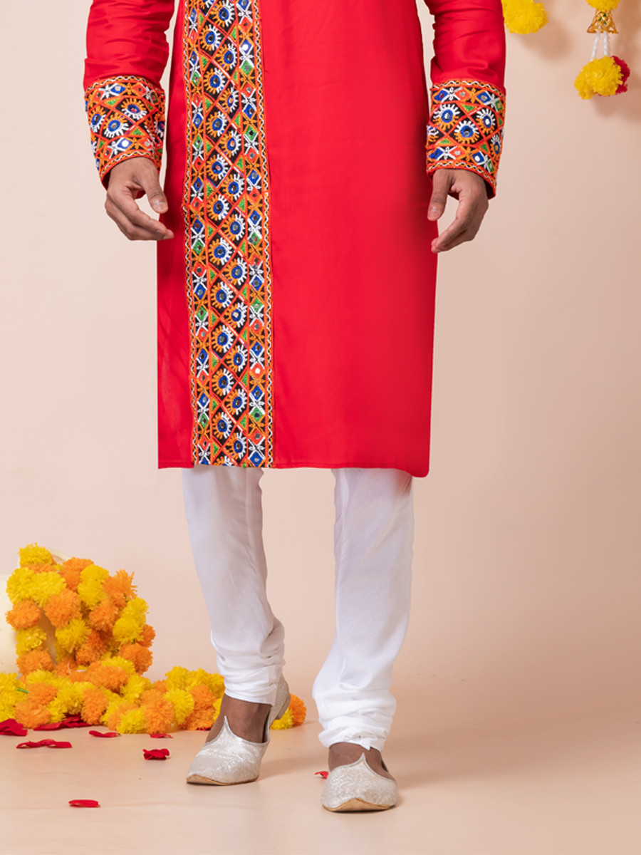 Red Heavy Rayon Embroidered Festival Wedding Kurta