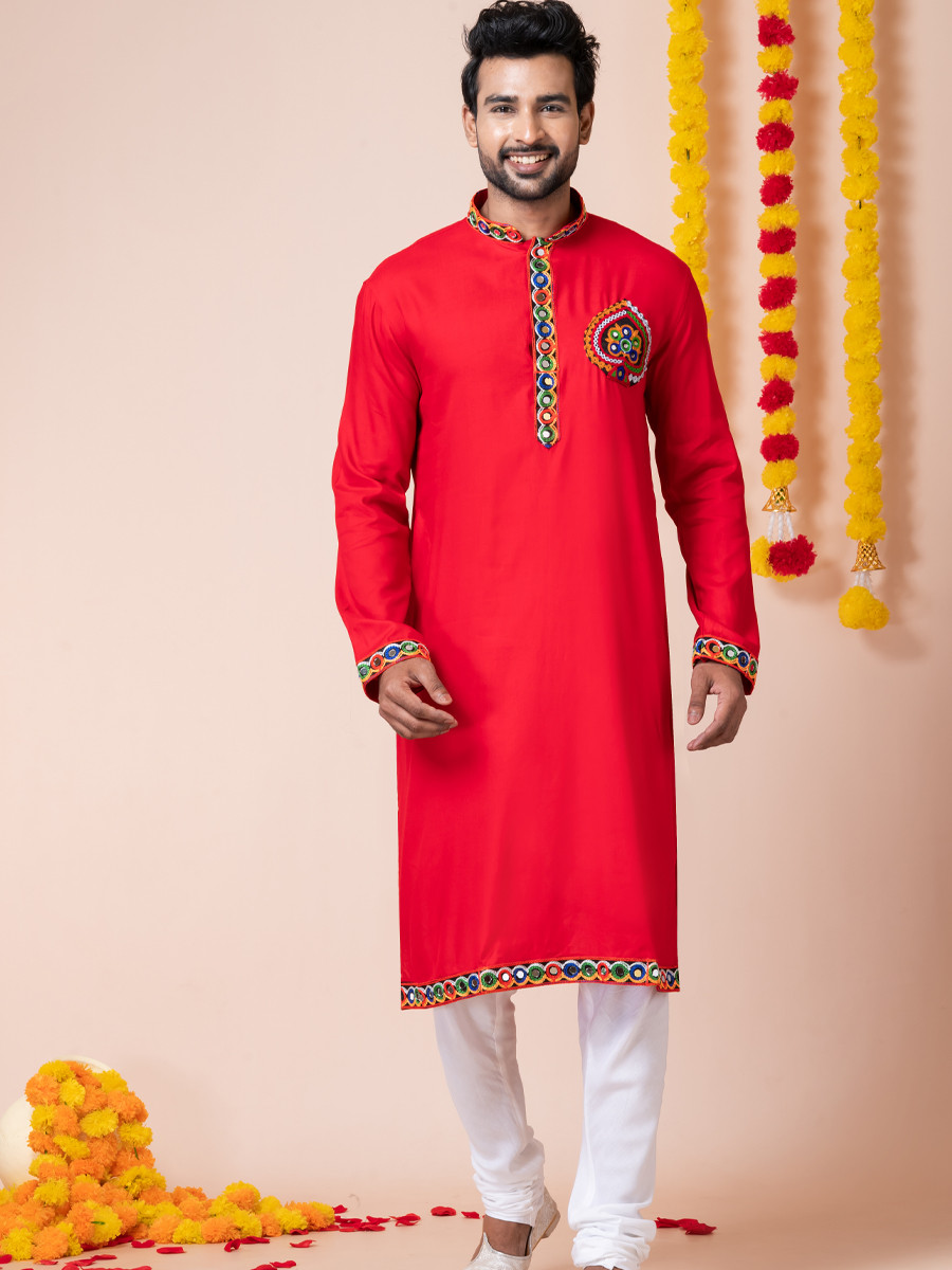 Red Heavy Rayon Embroidered Festival Wedding Kurta