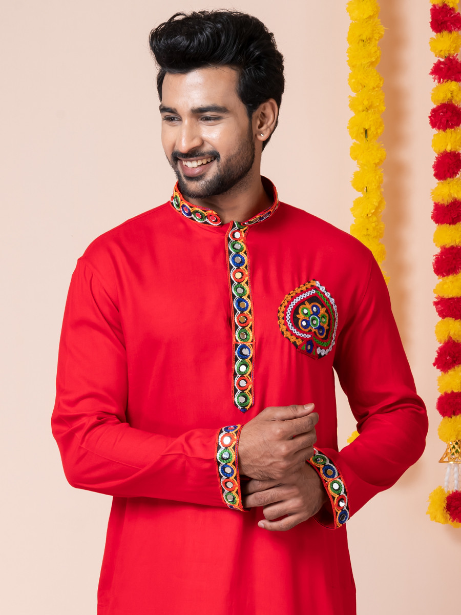 Red Heavy Rayon Embroidered Festival Wedding Kurta