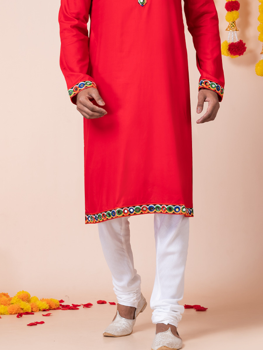 Red Heavy Rayon Embroidered Festival Wedding Kurta