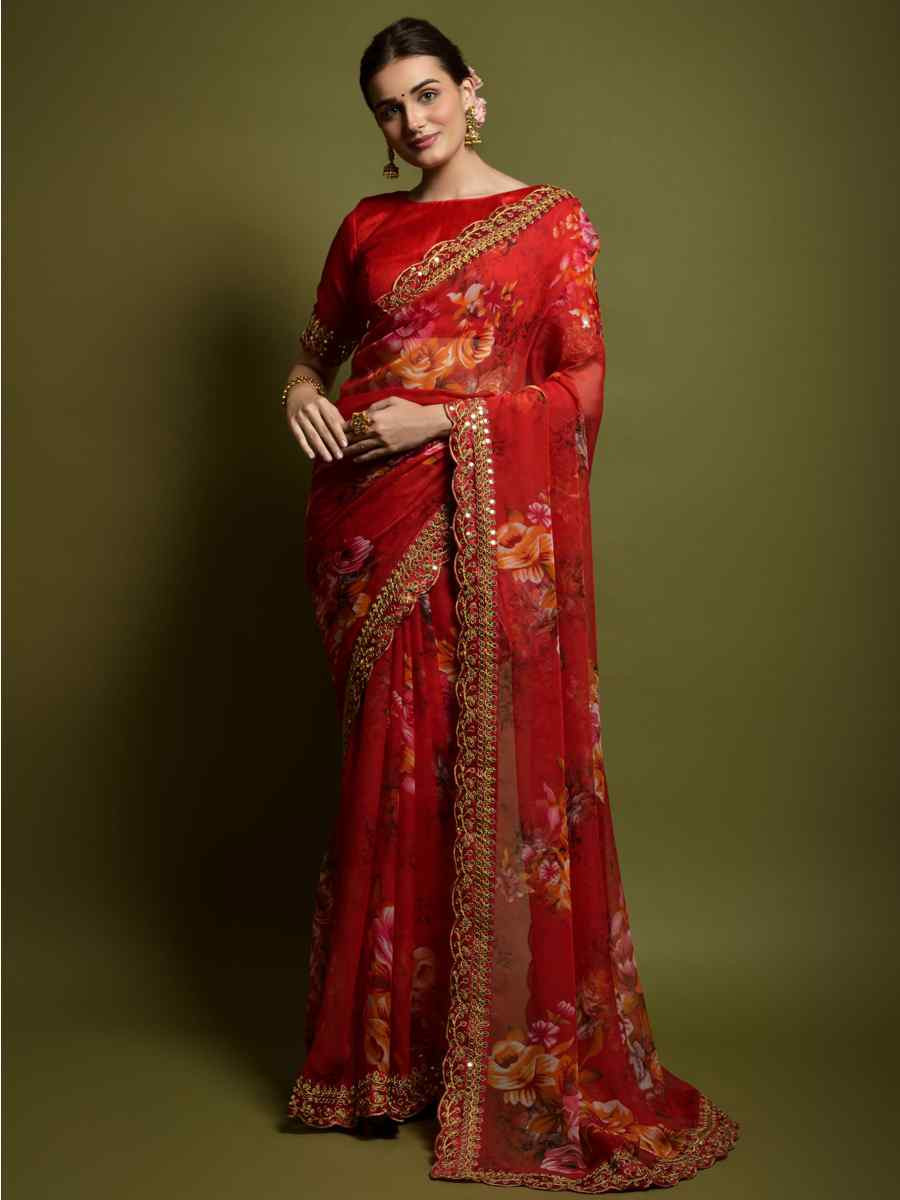 Red Heavy Soft Chiffon Handwoven Festival Wedding Heavy Border Saree