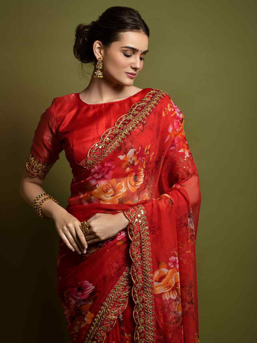 Red Heavy Soft Chiffon Handwoven Festival Wedding Heavy Border Saree