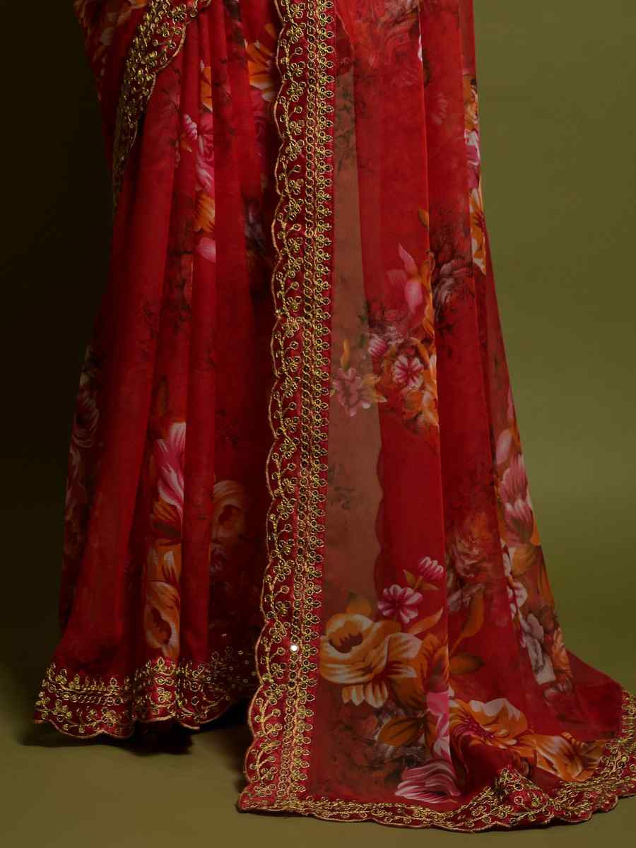 Red Heavy Soft Chiffon Handwoven Festival Wedding Heavy Border Saree