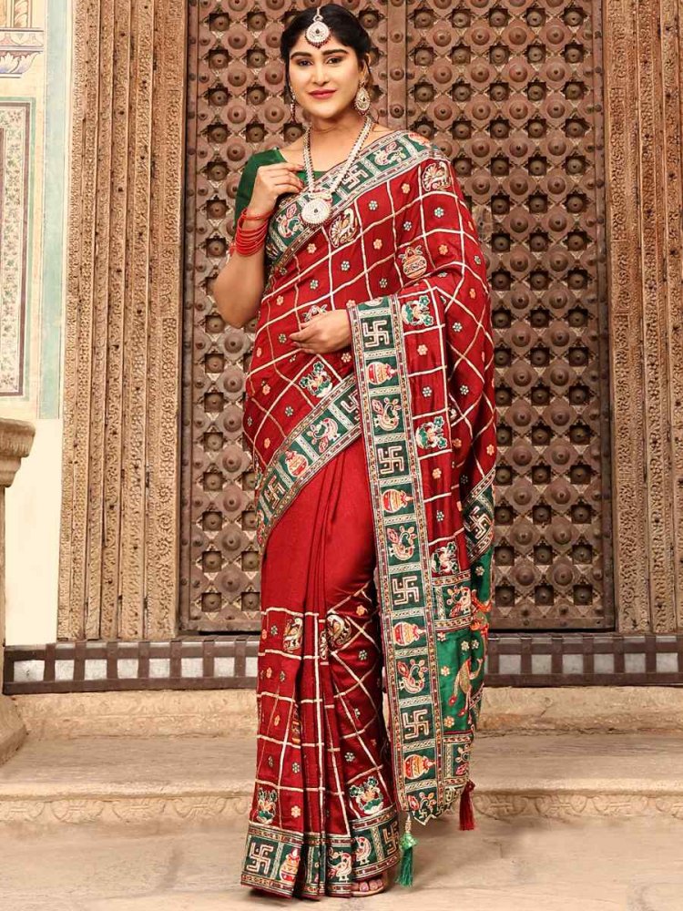 Red Heavy Soft Silk Embroidered Party Reception Heavy Border Saree
