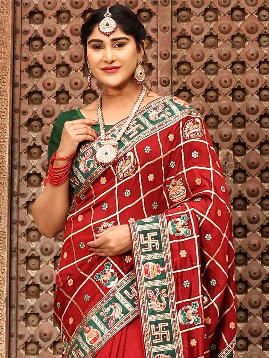 Red Heavy Soft Silk Embroidered Party Reception Heavy Border Saree