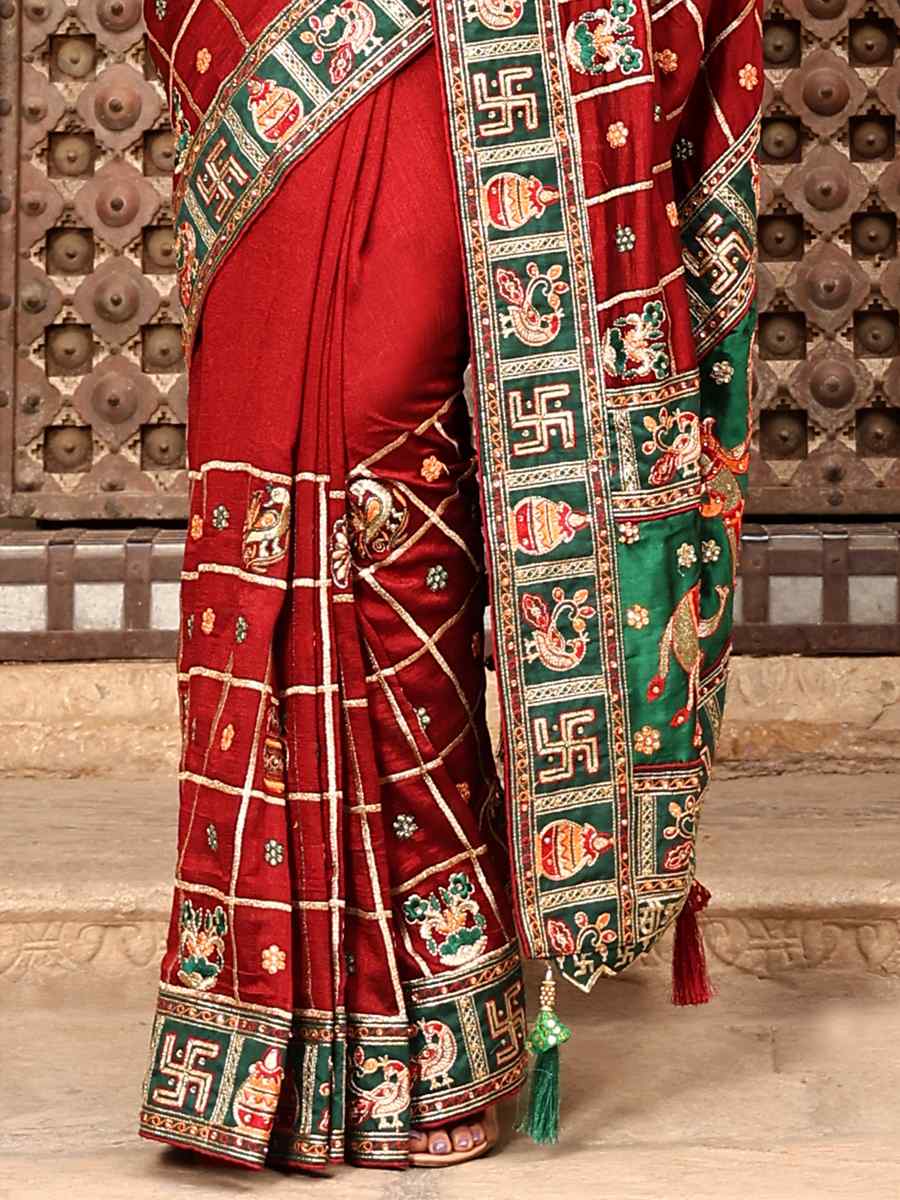 Red Heavy Soft Silk Embroidered Party Reception Heavy Border Saree