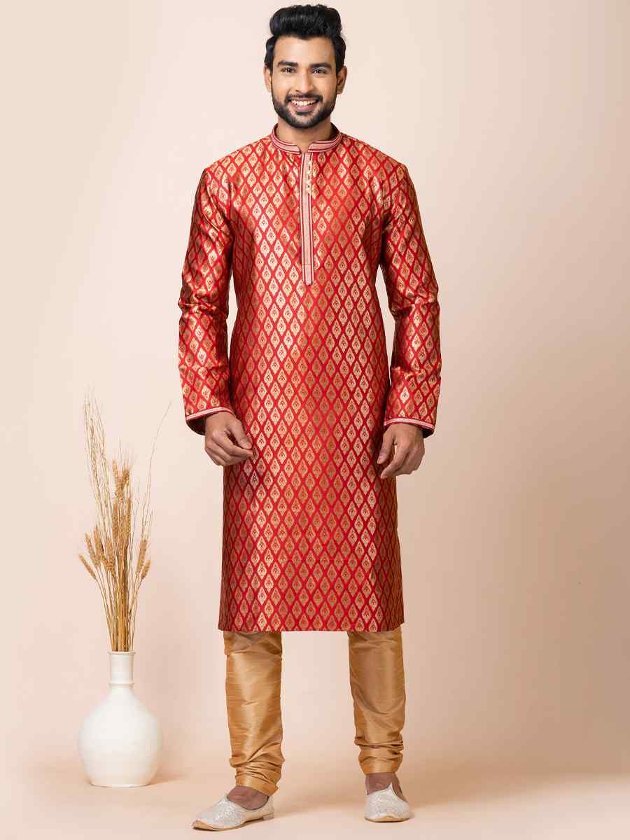 Red Jacquard Silk Woven Festival Mehendi Kurta