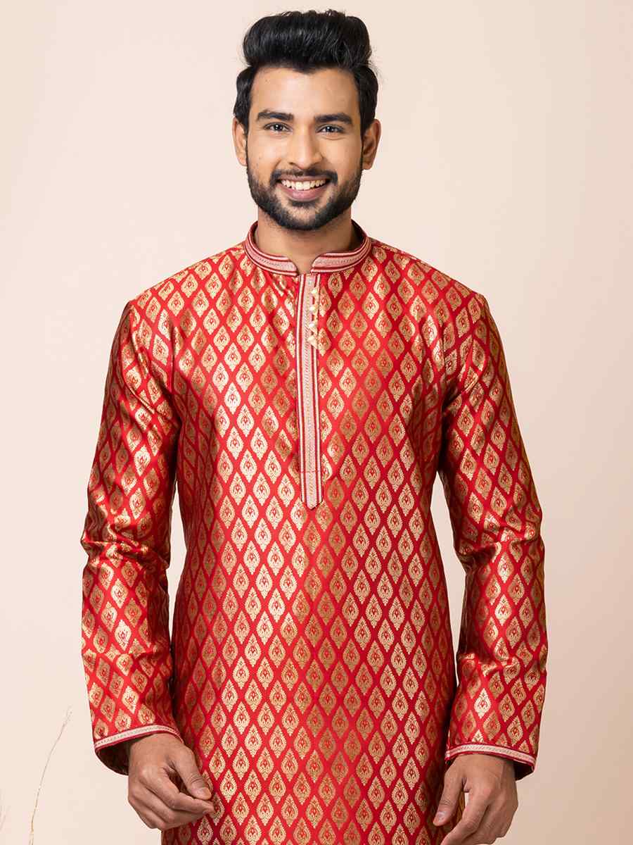 Red Jacquard Silk Woven Festival Mehendi Kurta