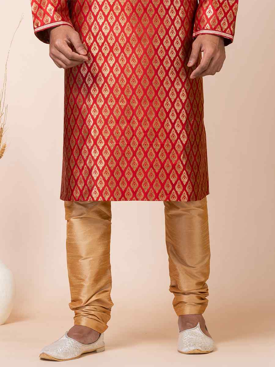 Red Jacquard Silk Woven Festival Mehendi Kurta