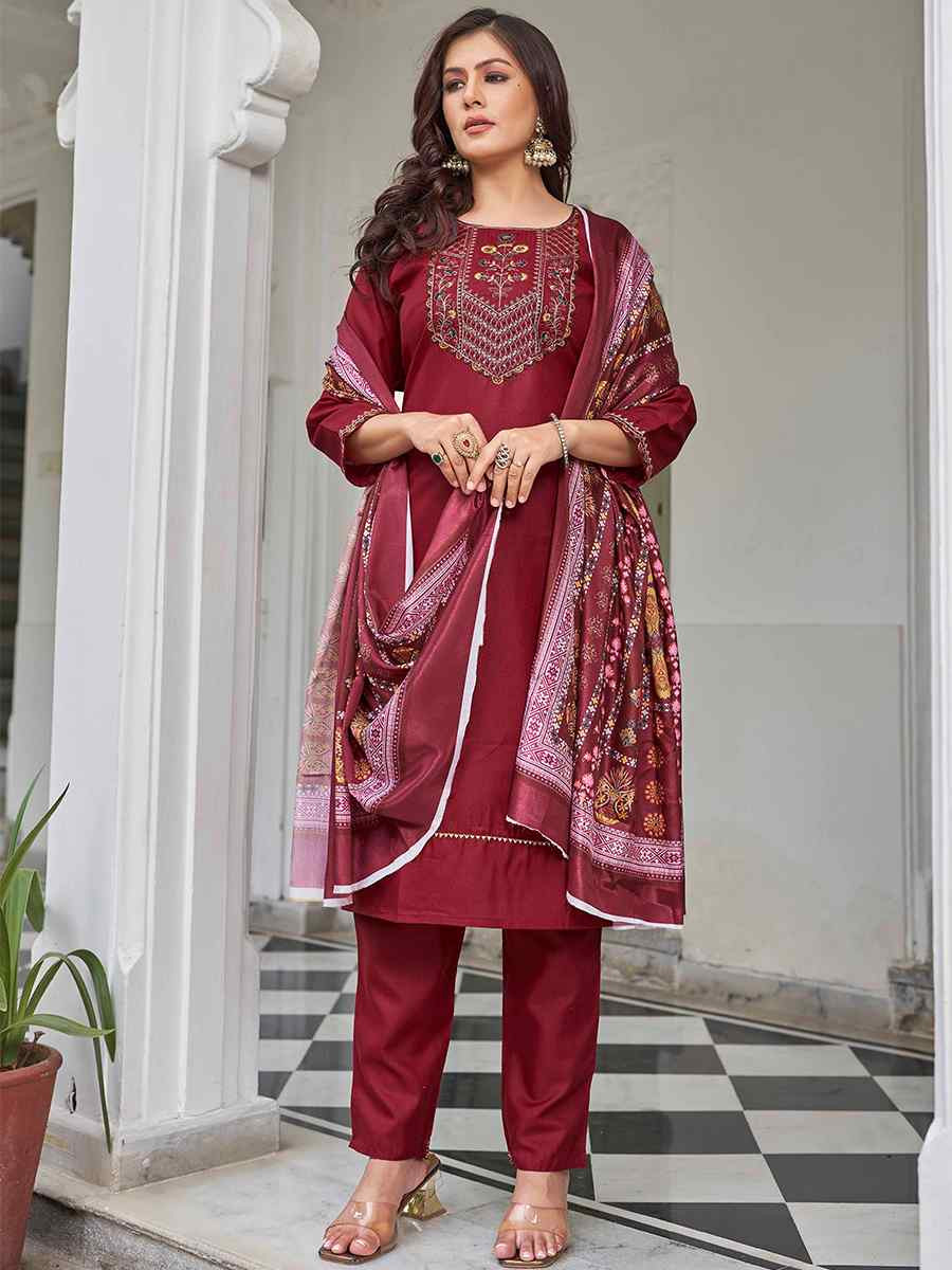 Red Magic Cotton Embroidered Festival Casual Pant Ready Salwar Kameez