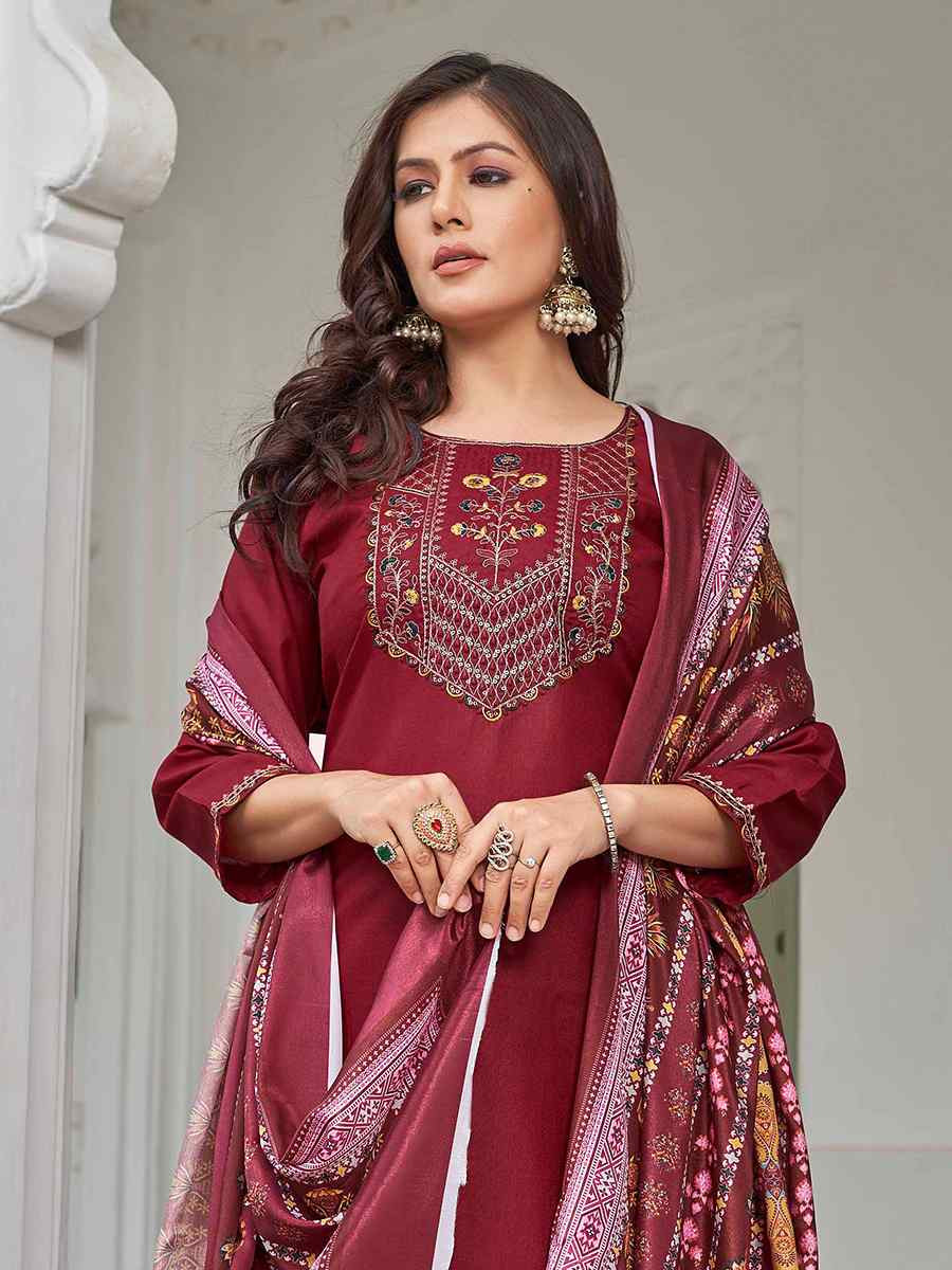 Red Magic Cotton Embroidered Festival Casual Pant Ready Salwar Kameez