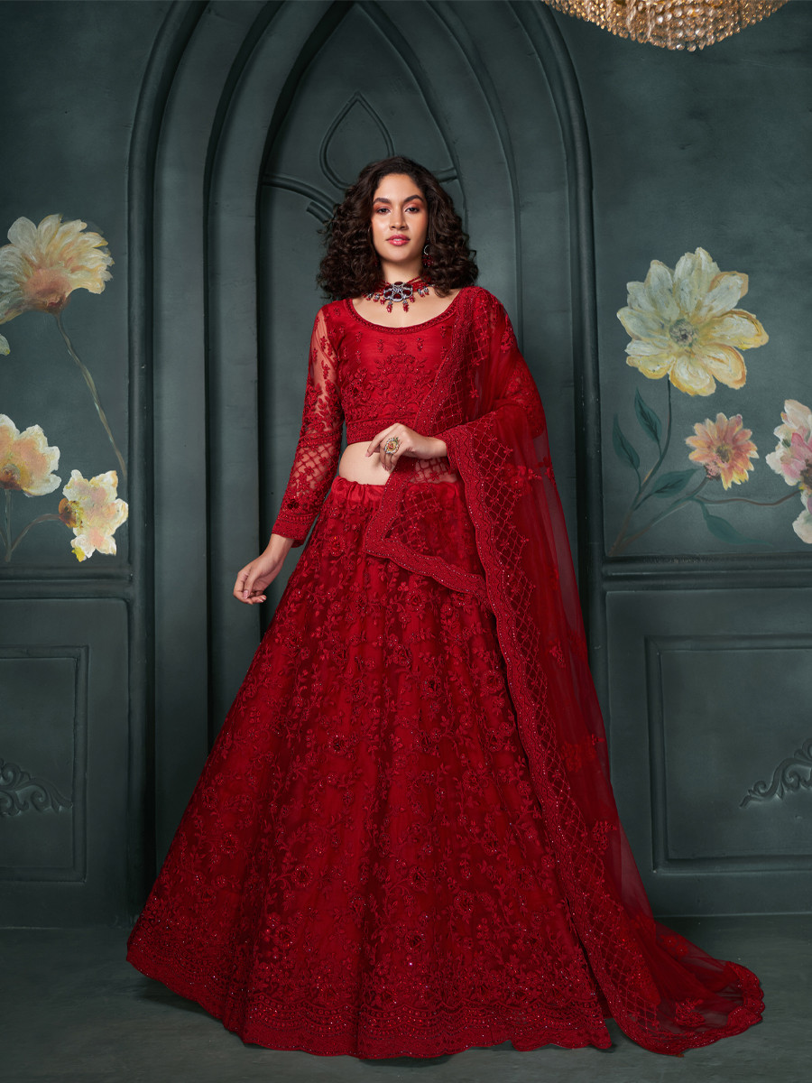 Red Net Embroidered Bridesmaid Wedding Heavy Border Lehenga Choli