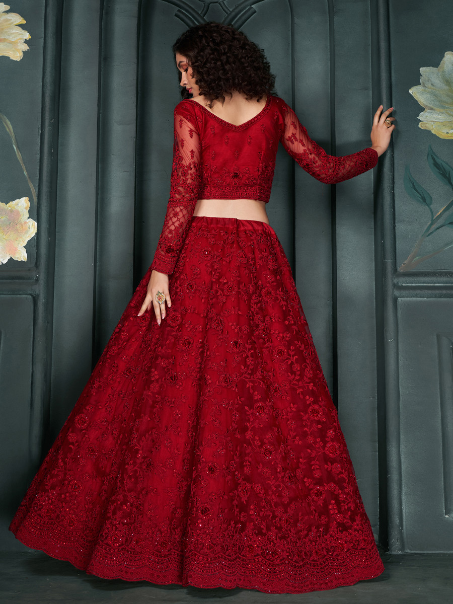 Red Net Embroidered Bridesmaid Wedding Heavy Border Lehenga Choli