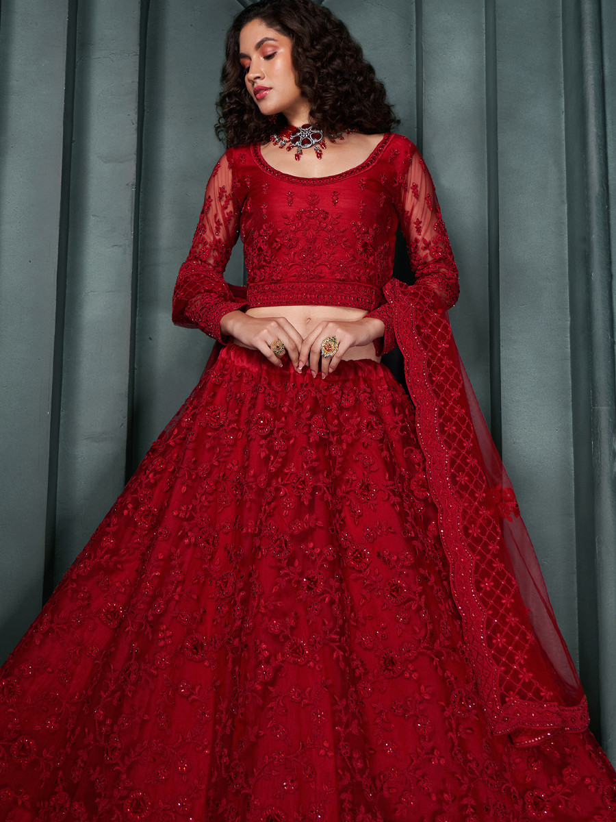 Red Net Embroidered Bridesmaid Wedding Heavy Border Lehenga Choli