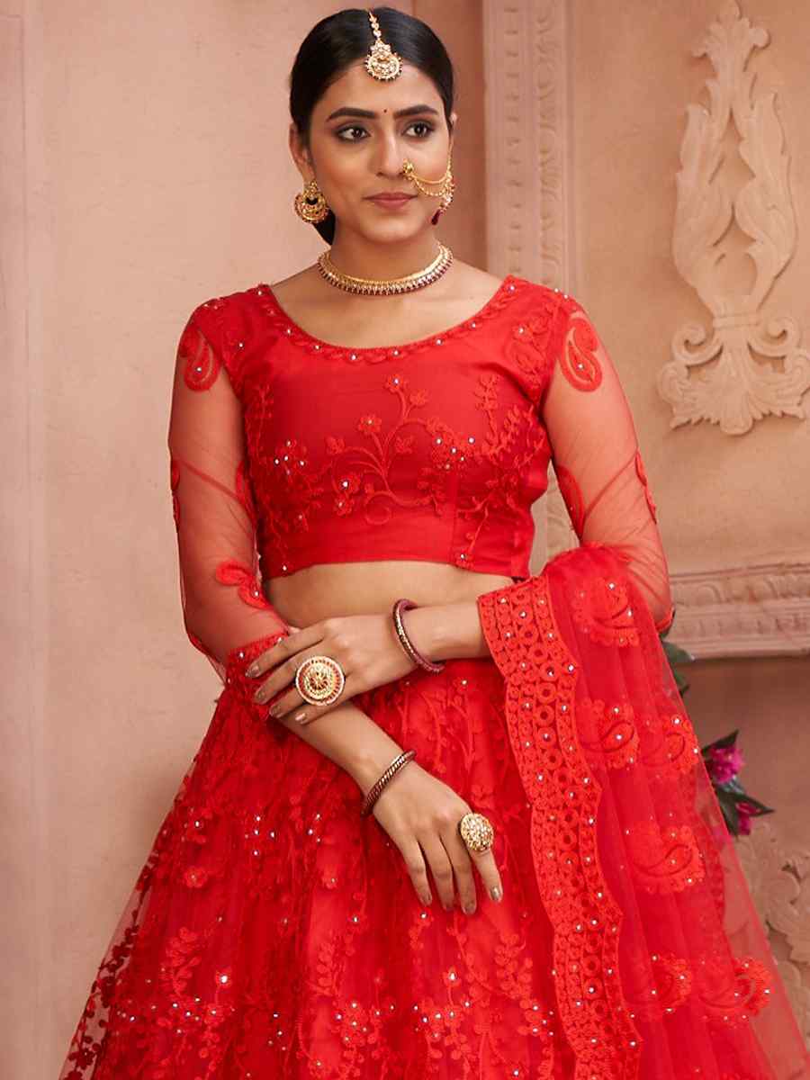 Red Net Embroidered Festival Party Wear Circular Lehenga Choli