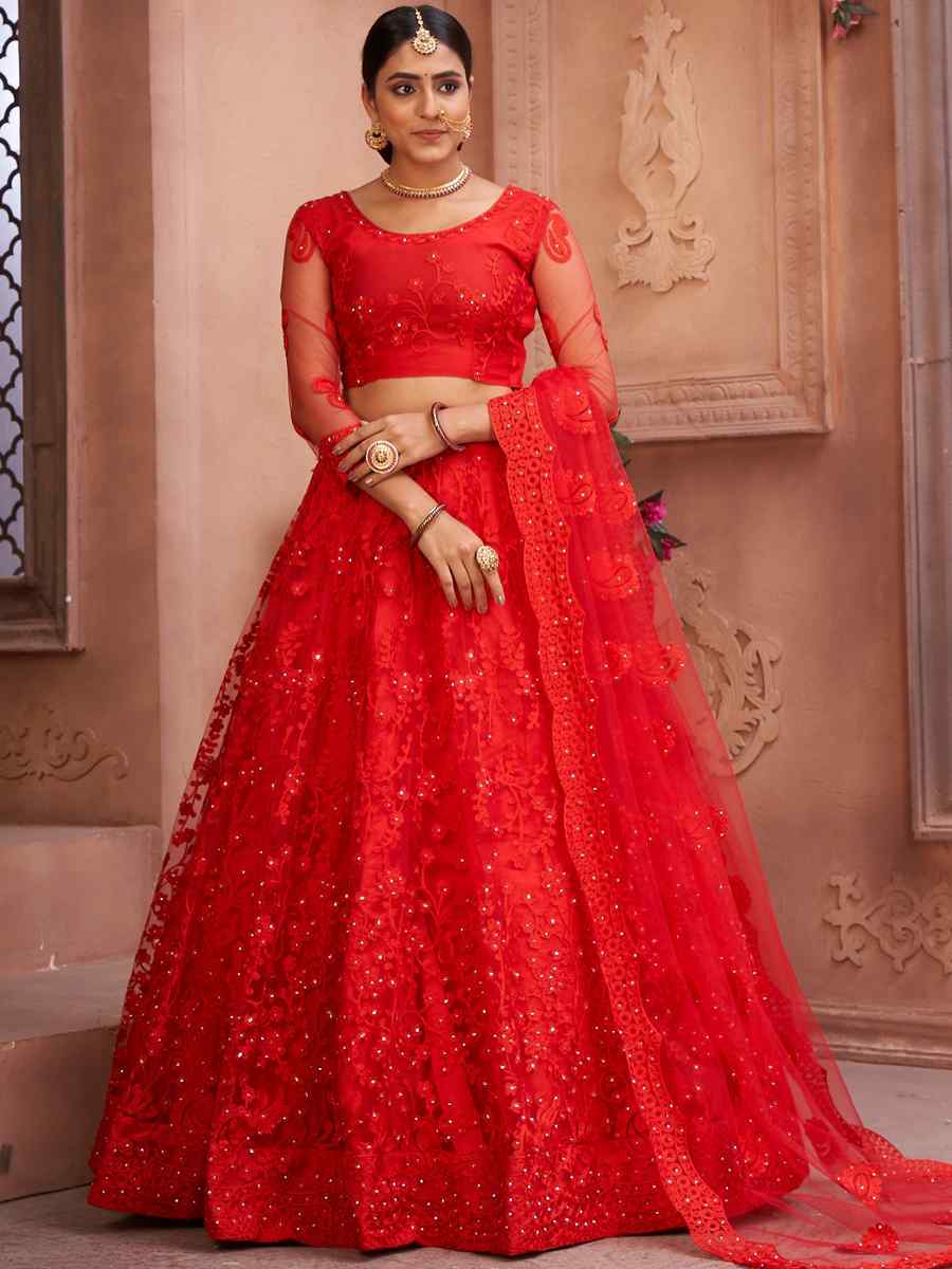 Red Net Embroidered Festival Party Wear Circular Lehenga Choli