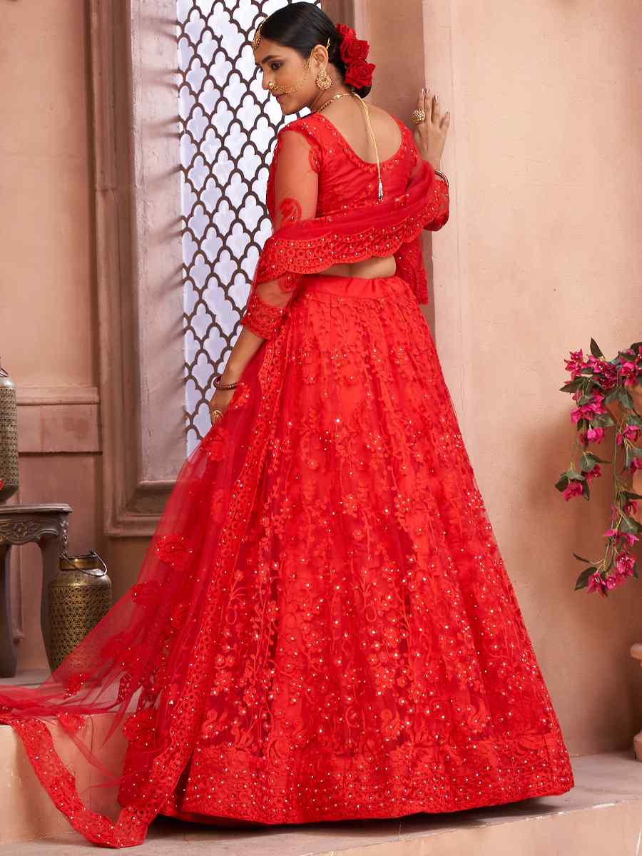 Red Net Embroidered Festival Party Wear Circular Lehenga Choli