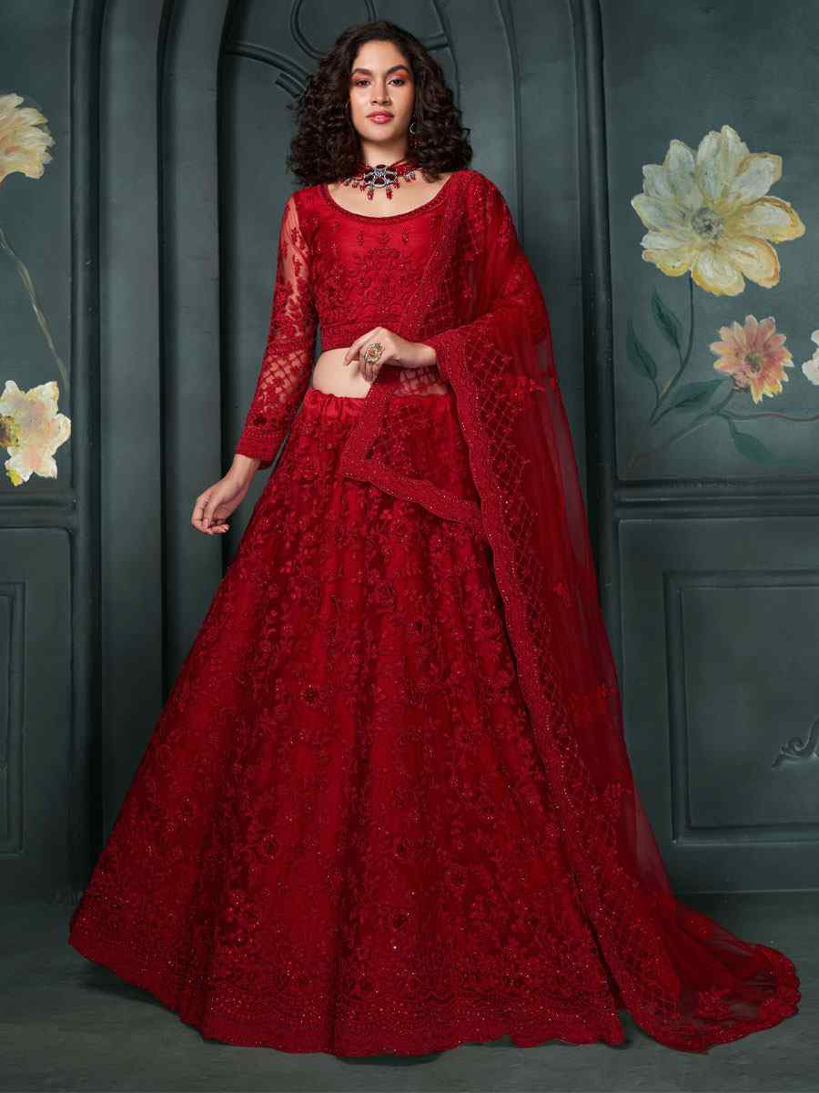 Red Net Embroidered Wedding Festival Heavy Border Lehenga Choli