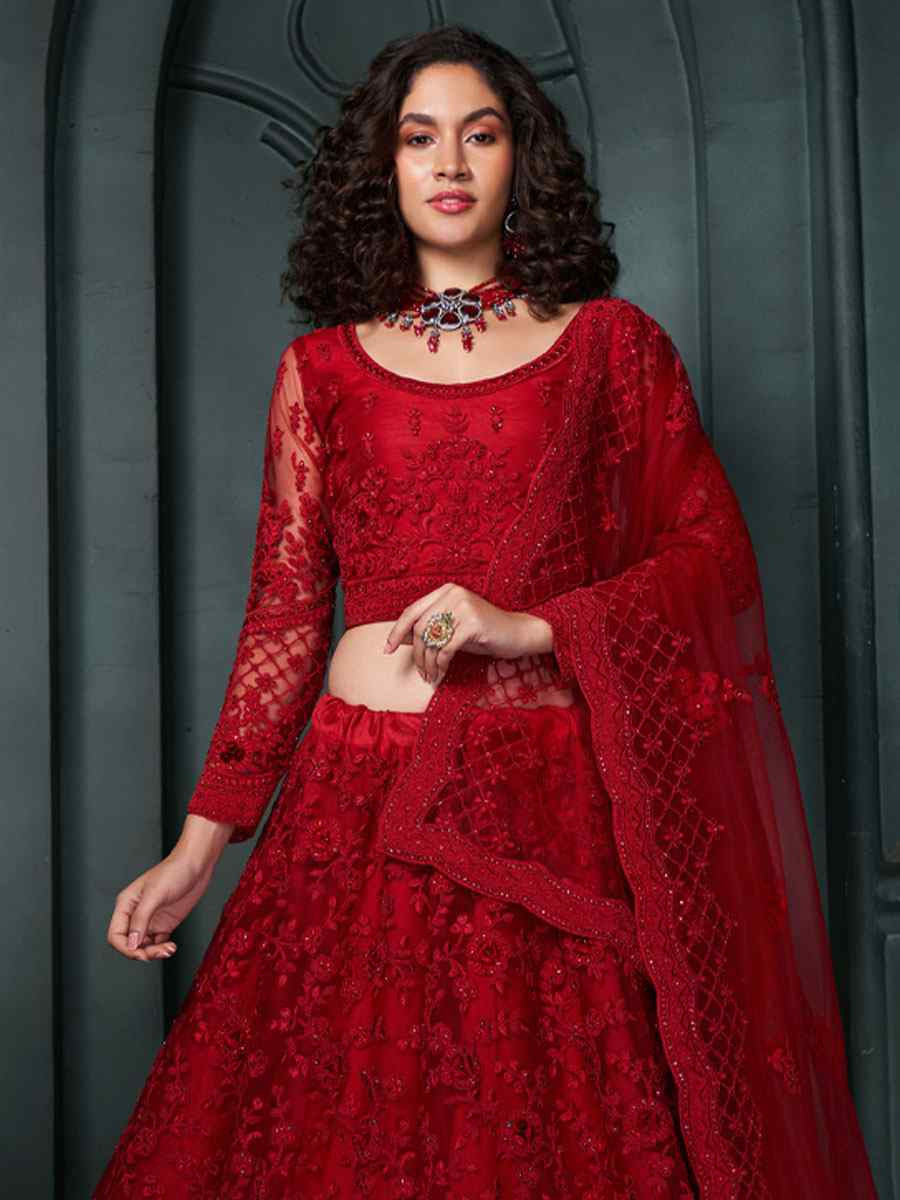 Red Net Embroidered Wedding Festival Heavy Border Lehenga Choli