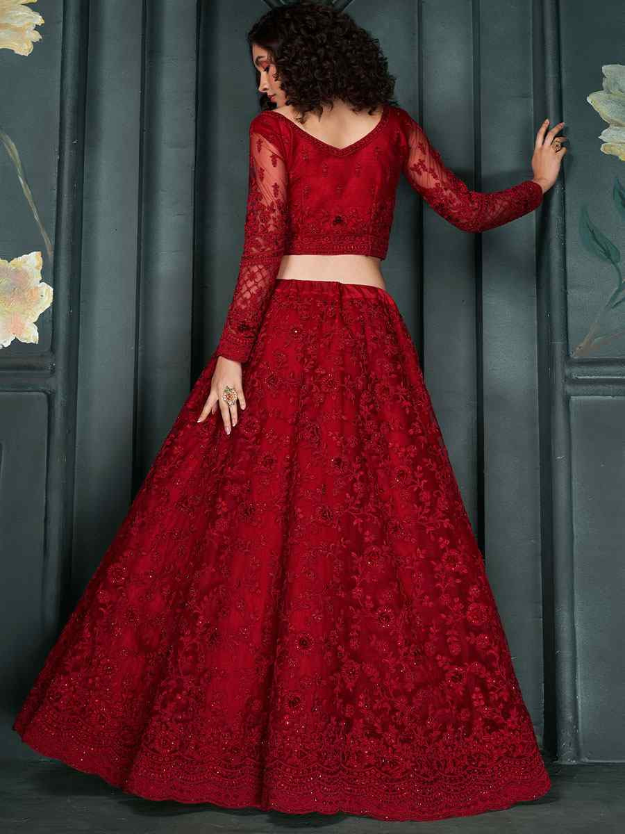 Red Net Embroidered Wedding Festival Heavy Border Lehenga Choli