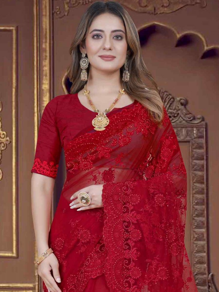 Georgette Party Wear Red Embroidered Net Saree, 5.5 m (separate blouse  piece) at Rs 1400 in Indore