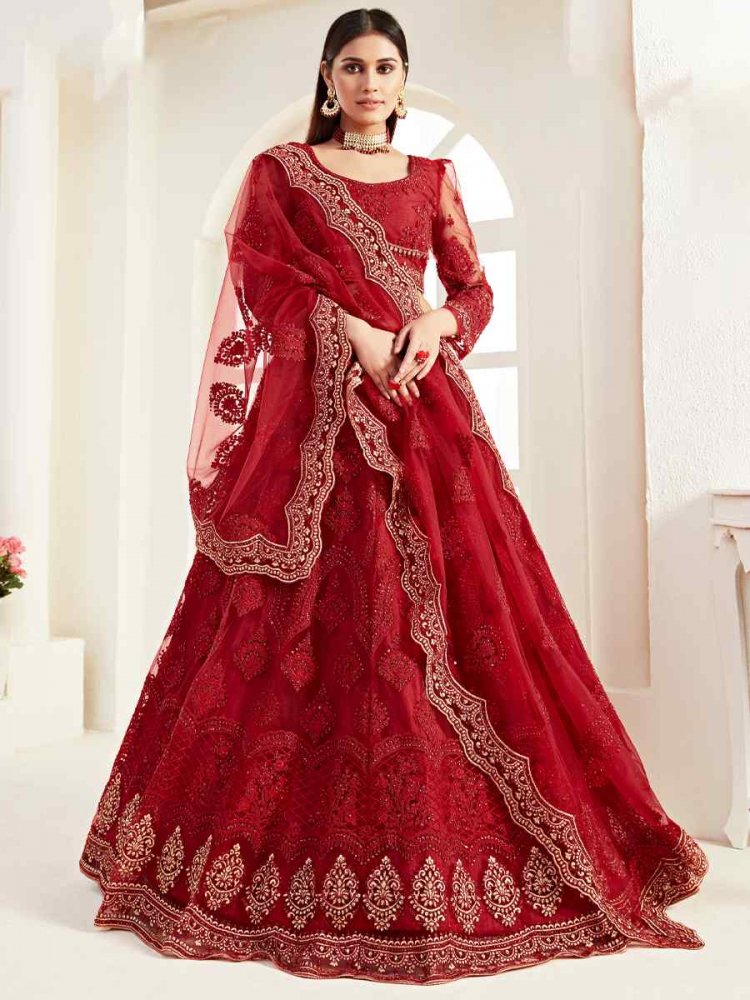 Red Net Silk Embroidered Bridesmaid Wedding Heavy Border Lehenga Choli