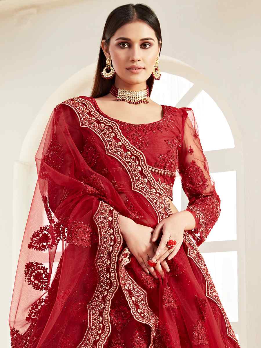 Red Net Silk Embroidered Bridesmaid Wedding Heavy Border Lehenga Choli