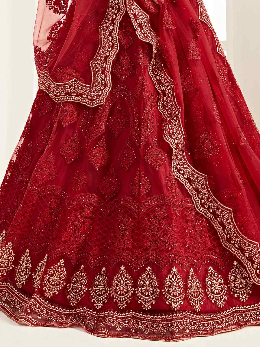 Red Net Silk Embroidered Bridesmaid Wedding Heavy Border Lehenga Choli